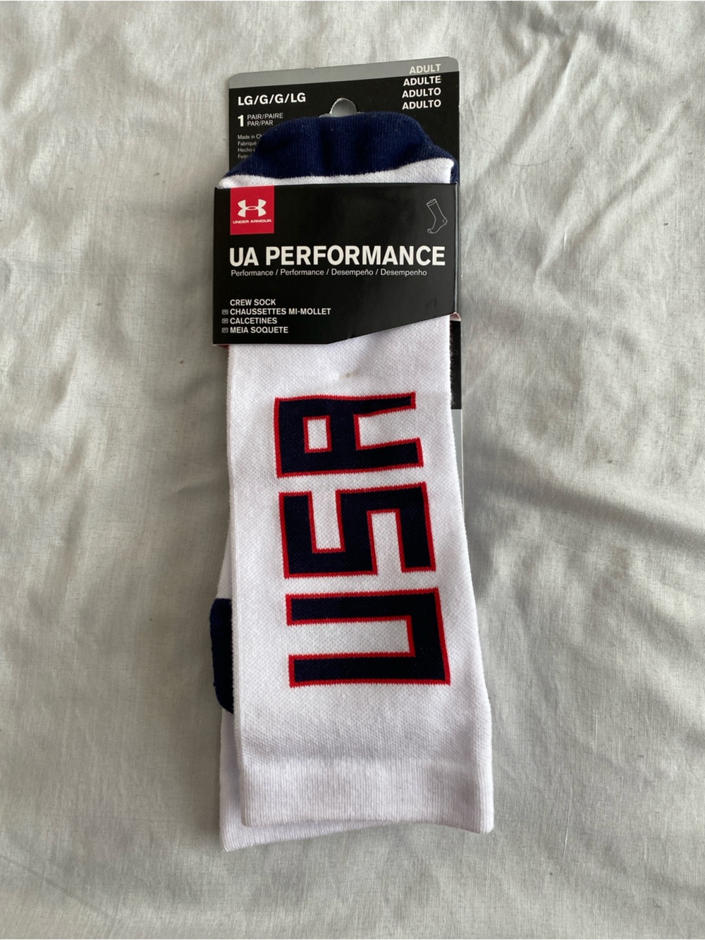 Under Armour White Crew Socks with Navy and Red USA Logo Large (9-12.5) Unworn